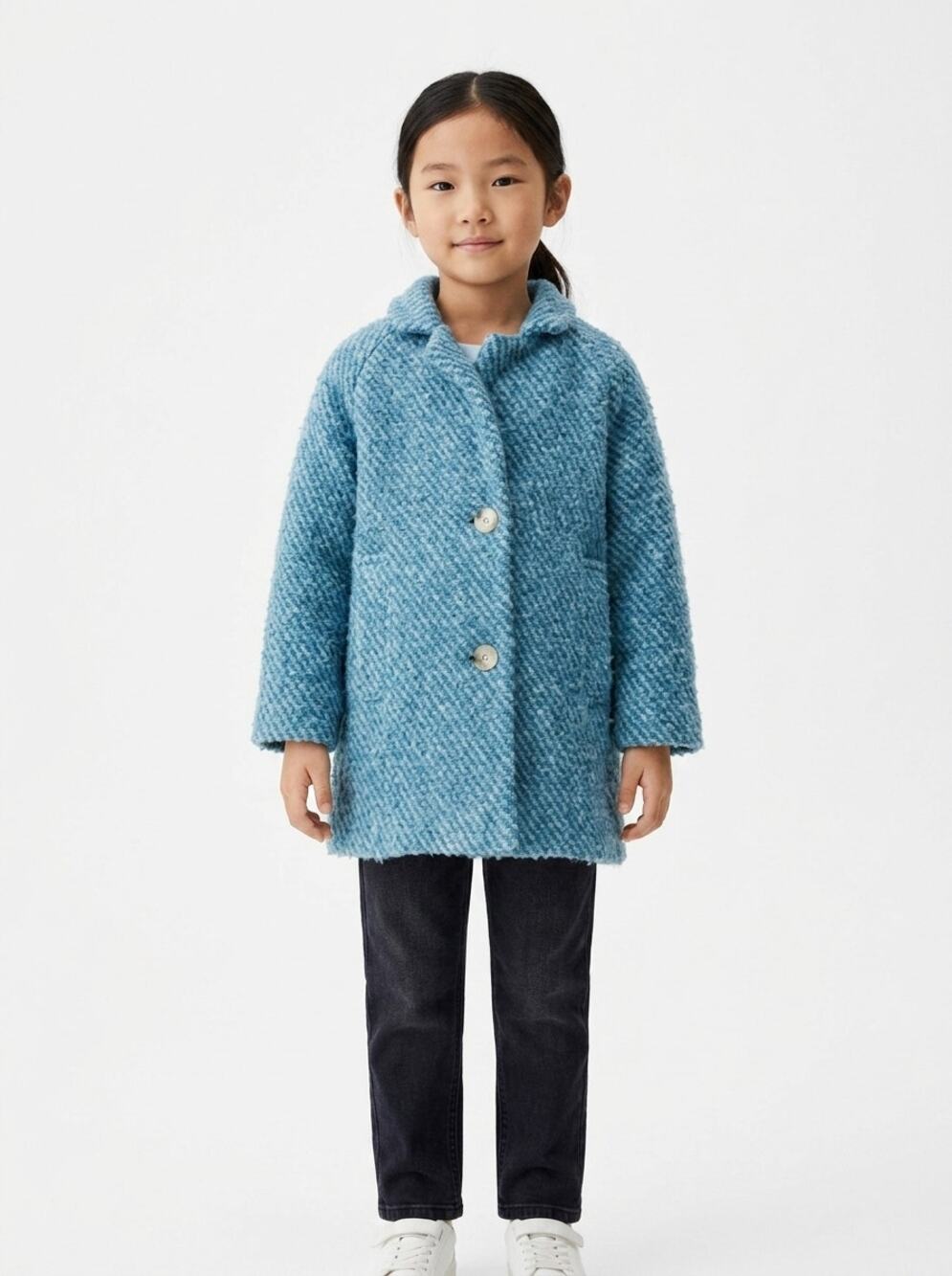 Zara Teal Blue Boucle Textured Button Front Lined Coat Girls Size 6-7